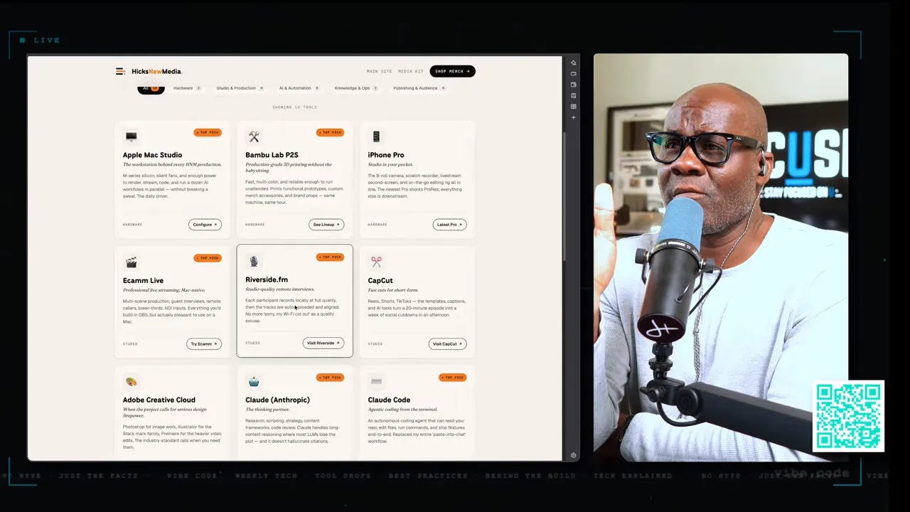 Presenter next to a tools dashboard displaying options such as iPhone Pro, Ecamm Live, and Adobe Creative Cloud