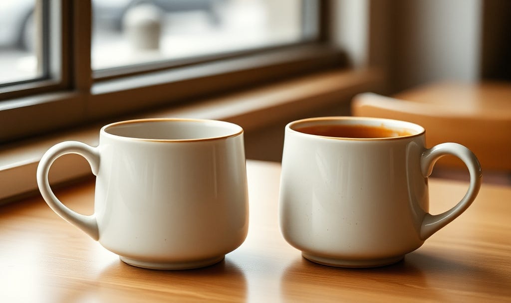 Two ceramic coffee cups on a café table in soft window light.