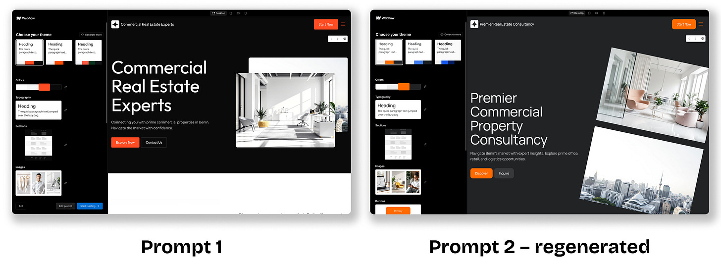 Examples of designs generated using Webflow’s AI Site Builder