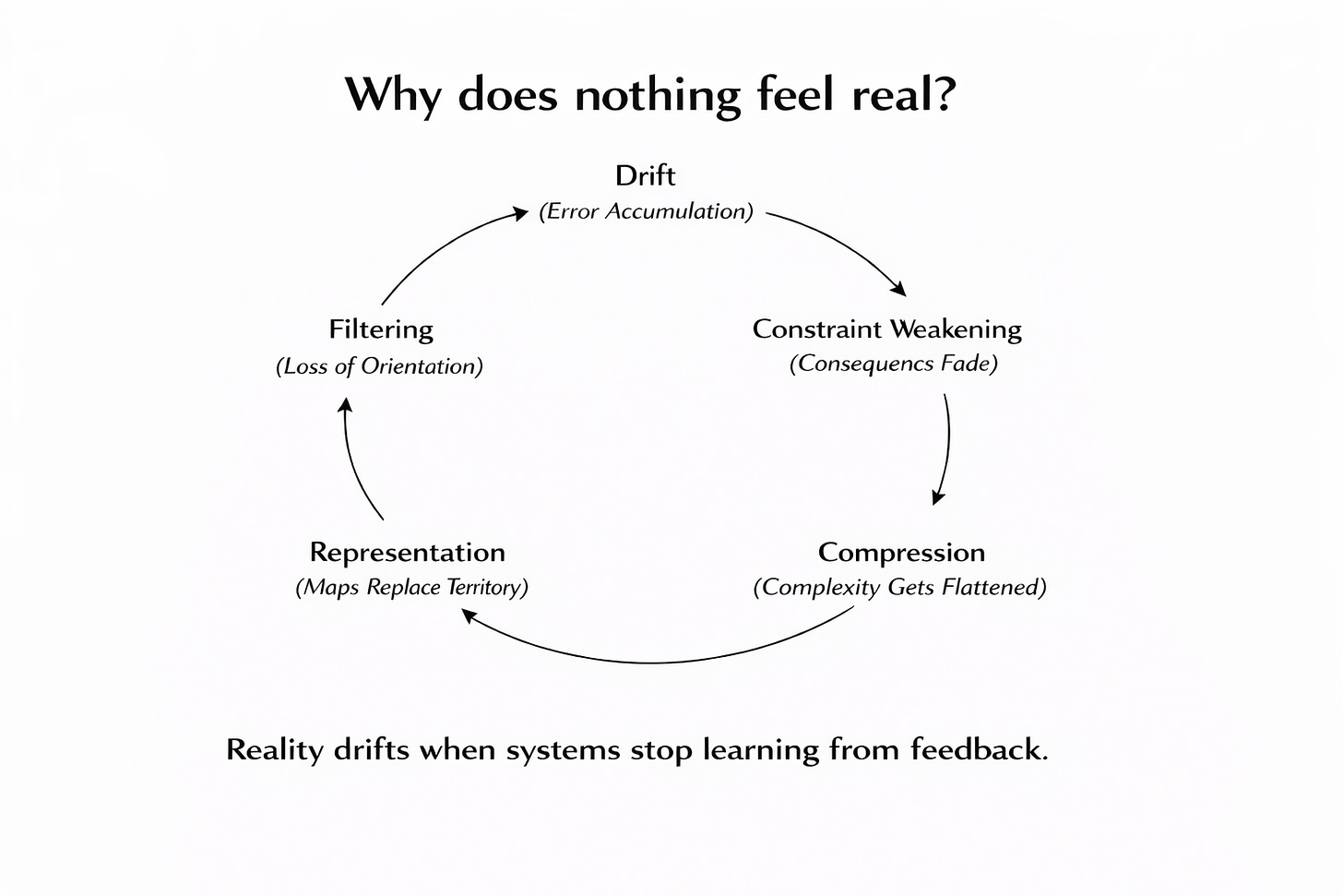 Reality Drift framework diagram showing how systems can keep functioning while gradually losing alignment with real-world feedback