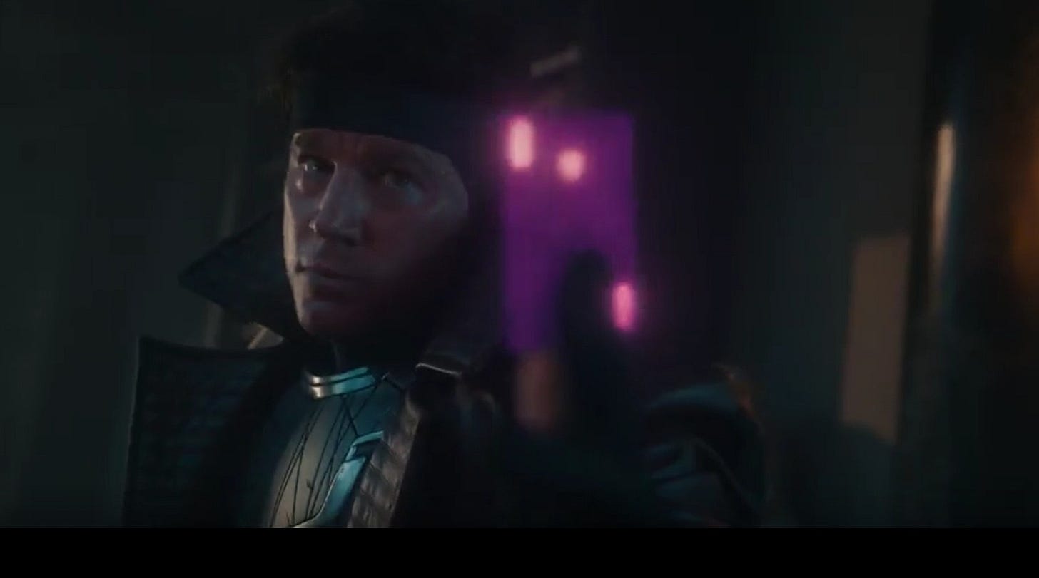 Channing Tatum as Gambit, his eyes glowing purple during his battle with Shang-Chi in Avengers: Doomsday.