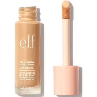 A tall, clear glass bottle of e.l.f. 'Halo Glow Liquid Filter' in a medium olive-golden shade, paired with its large, oversized plush wand applicator pulled out. The product promises to blur, smooth, and add a luminous glow as a hybrid booster. A tall, clear glass bottle of e.l.f. 'Halo Glow Liquid Filter' in a medium olive-golden shade, paired with its large, oversized plush wand applicator pulled out. The product promises to blur, smooth, and add a luminous glow as a hybrid booster.