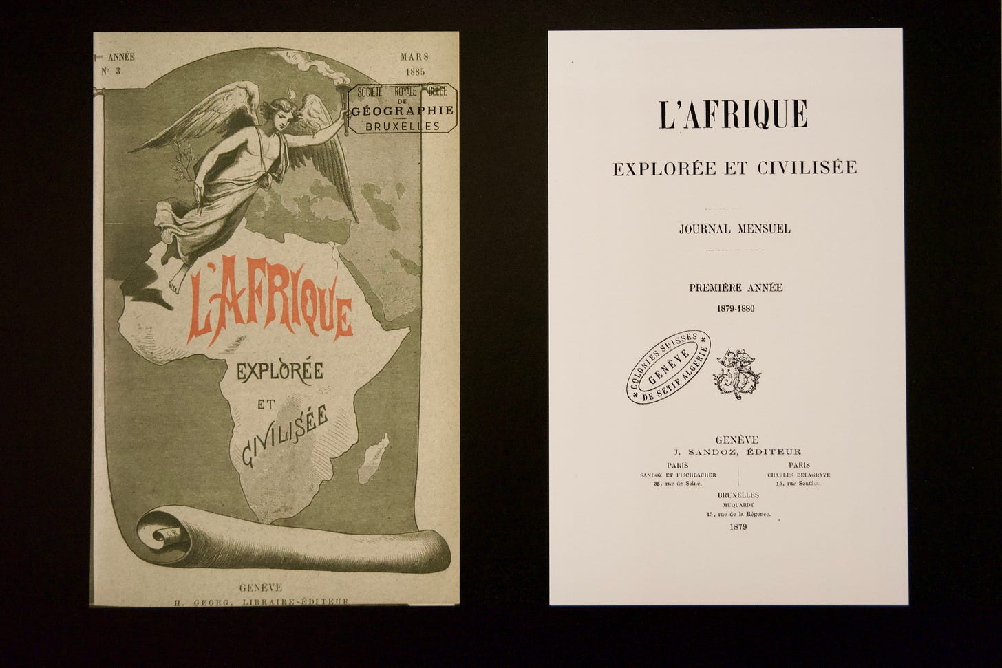 The magazine "Africa explored and colonised", published in Geneva between 1879 and 1894, can also be consulted online at the site of the Swiss National Library. The magazine "Africa explored and colonised", published in Geneva between 1879 and 1894, can also be consulted online at the site of the Swiss National Library.