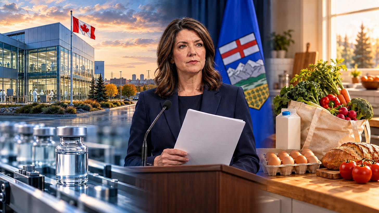 Editorial illustration combining a Canadian vaccine facility and vaccine vials, Danielle Smith at a lectern, and groceries on a kitchen counter. Editorial illustration combining a Canadian vaccine facility and vaccine vials, Danielle Smith at a lectern, and groceries on a kitchen counter.
