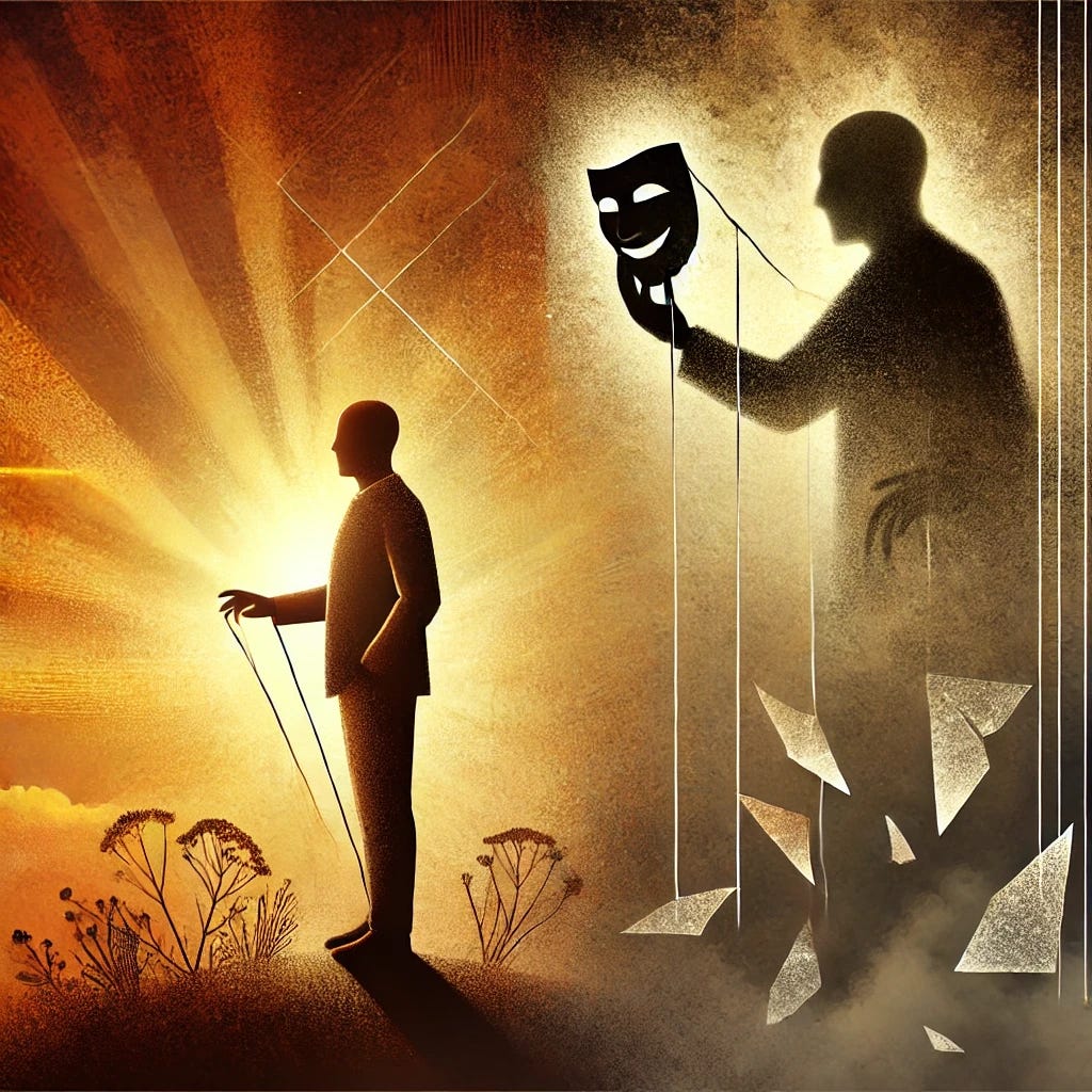 A symbolic illustration showing a figure standing in a warm, glowing light, appearing safe and secure. Behind the figure, hidden in the shadows, is another figure holding a mask of kindness and warmth, while their other hand holds puppet strings attached to the first figure. The background transitions from soft light to darkness, with faint imagery of shattered glass and fragmented mirrors symbolizing broken trust and illusions. The overall tone captures the contrast between the illusion of security and the hidden manipulation, using a mix of warm and somber tones.