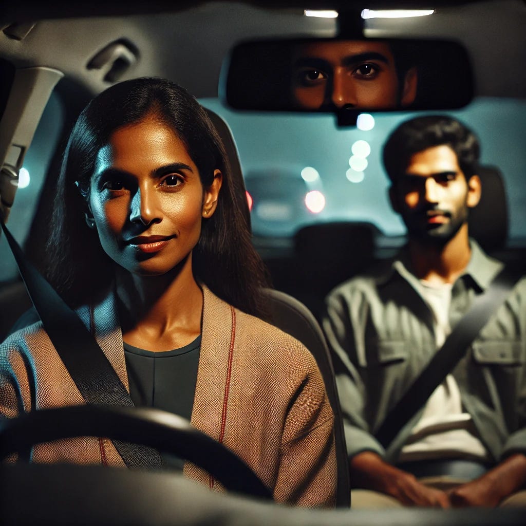 An Indian woman with a darker complexion, younger and calmer in appearance, confidently sits in the driver’s seat of a car at night. She is dressed in a simple and practical outfit, her expression calm and focused as she looks into the rearview mirror. In the back seat of the car is a young Indian man with a darker complexion and a noticeably gloomy expression, clearly visible in the rearview mirror reflection. The scene is illuminated by soft, dim dashboard lights, creating a quieter and more intimate mood, with reduced lighting to emphasize the reflective nighttime atmosphere.