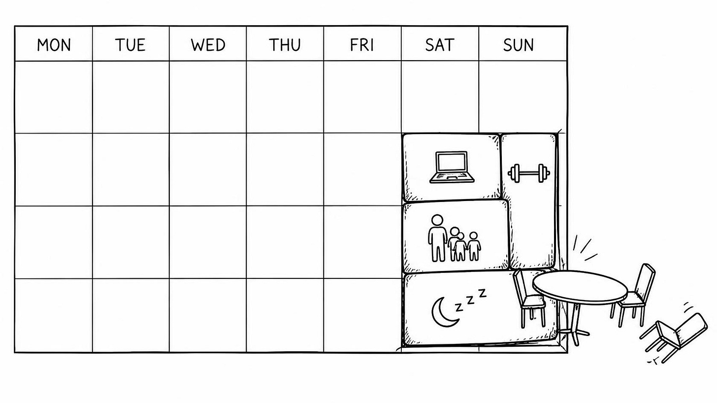 A crowded calendar pushes a two-chair friendship table completely outside its grid.