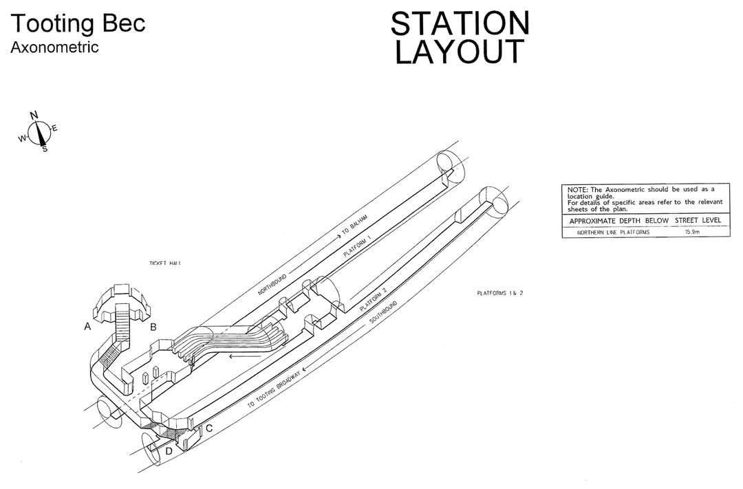 May be an image of map, blueprint and text that says "Tooting Bec Axonometric STATION LAYOUT HAE 10B BAH PLATFORM NOTE: Axonometric should be used as deeata quide. uide pecific areas கன he relevant sheets the plan APPROXIMATE DEPTH BELOW STREET LEVEL WORTHERN AIFORMS ันรี 5.9m NORTHGOLNG B PLATFORMS FORMS PLATFORM SOUTHEOUNO BROADWAY rOOTe4a 10"