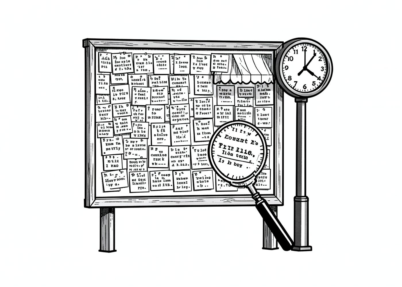 A crowded public notice board with a corner of identical typed cards, a magnifying glass and a station clock. A crowded public notice board with a corner of identical typed cards, a magnifying glass and a station clock.