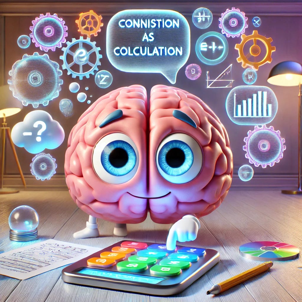 A Pixar-style 3D cartoon illustration representing 'cognition as calculation.' The scene features a friendly, anthropomorphic brain character with big, expressive eyes and a cheerful smile. The brain is sitting at a futuristic desk with a glowing holographic calculator, surrounded by floating gears, glowing mathematical symbols, and thought bubbles filled with equations. The background is a bright, colorful room with a playful and optimistic tone, incorporating sleek, Pixar-like shading and textures. The mood is inspiring and imaginative, emphasizing creativity and learning.