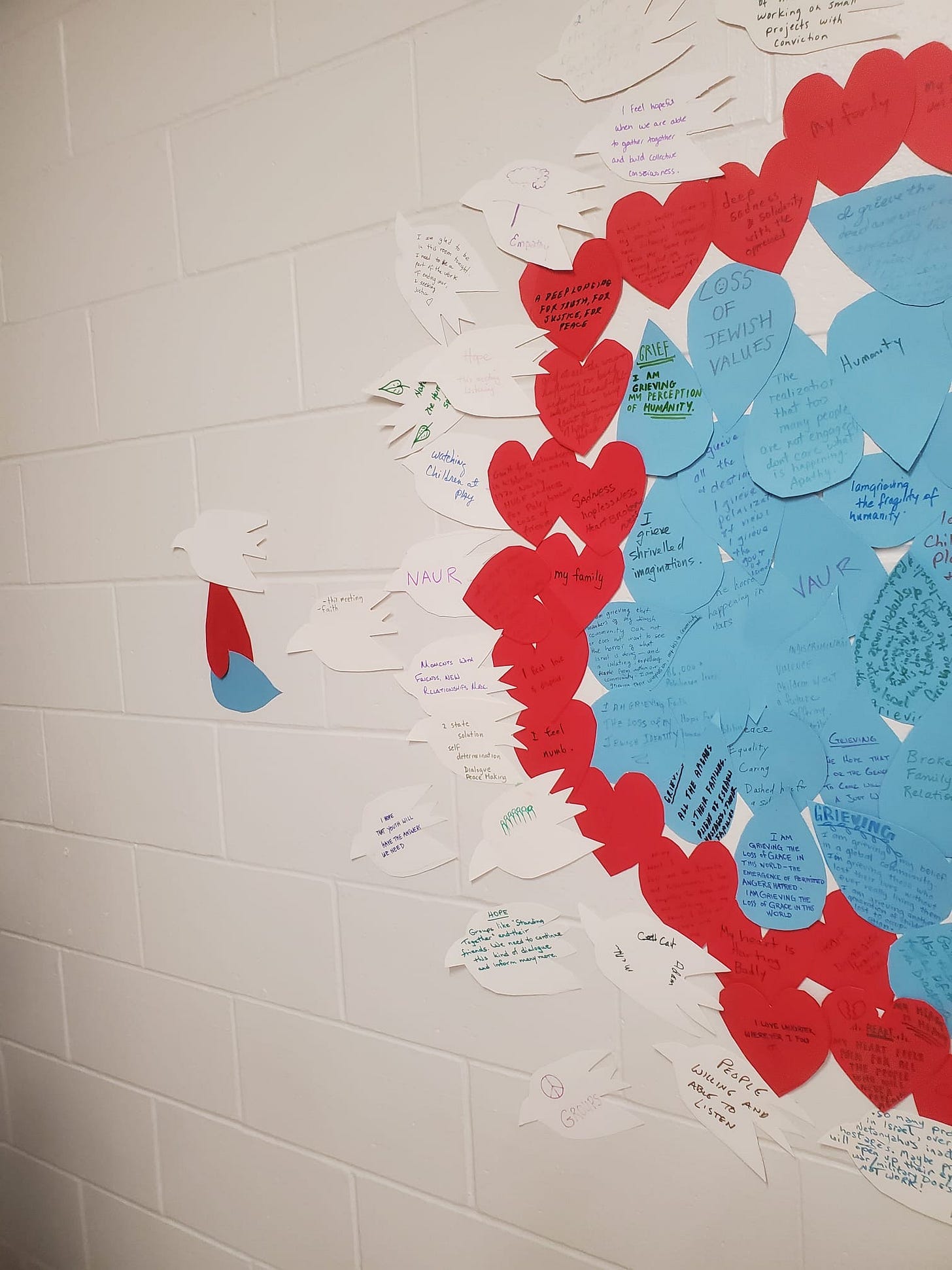 A white wall with paper doves, hearts and teardrops on it, with writing expressing grief and hope
