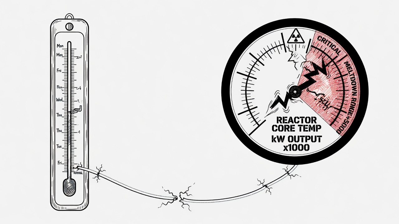 Slow thermometer beside rapidly spiking nuclear reactor gauge