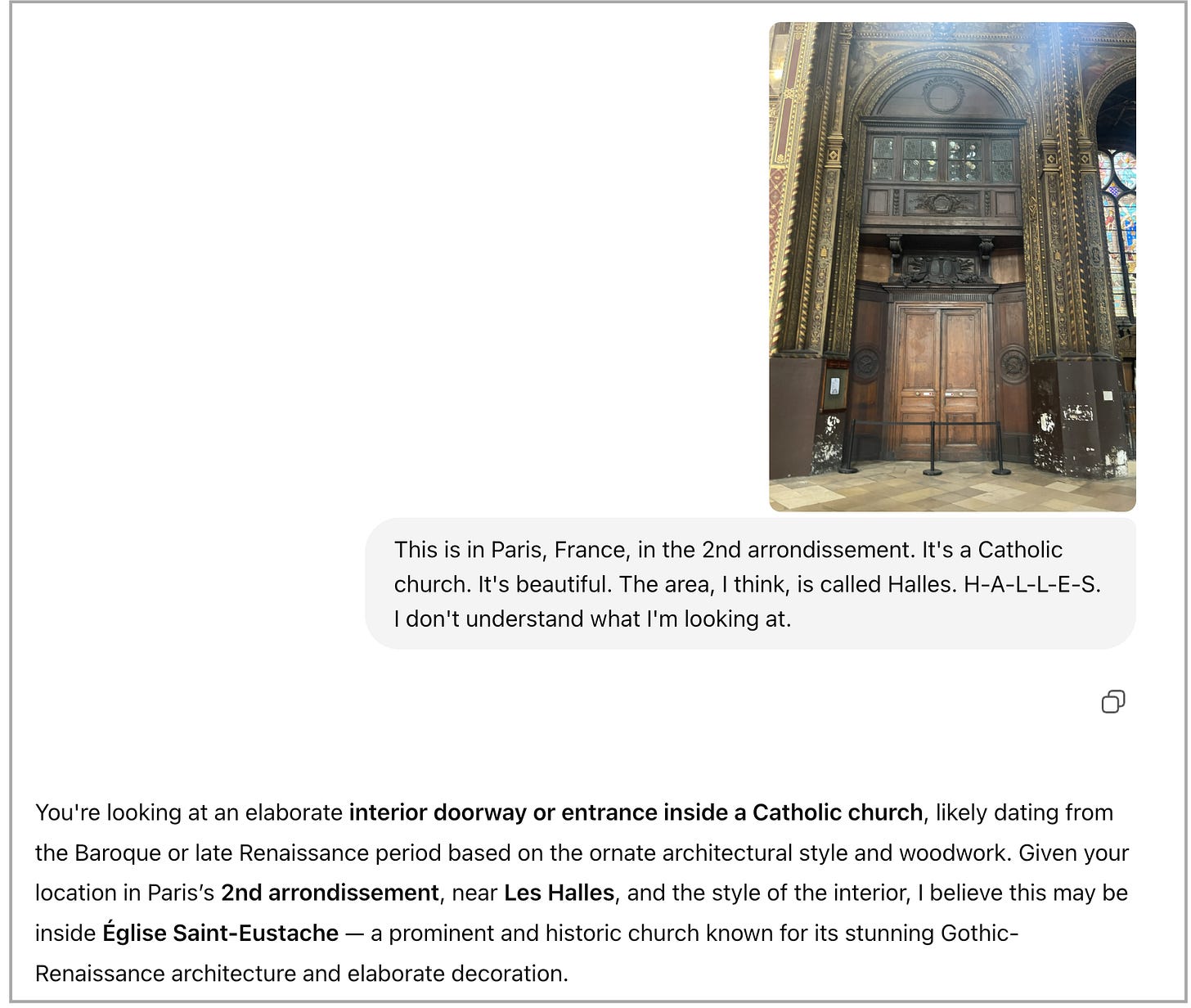 Screenshot showing my question "I don't understand what I'm looking at," photo of ornate church doorway, and ChatGPT's detailed explanation of Saint-Eustache