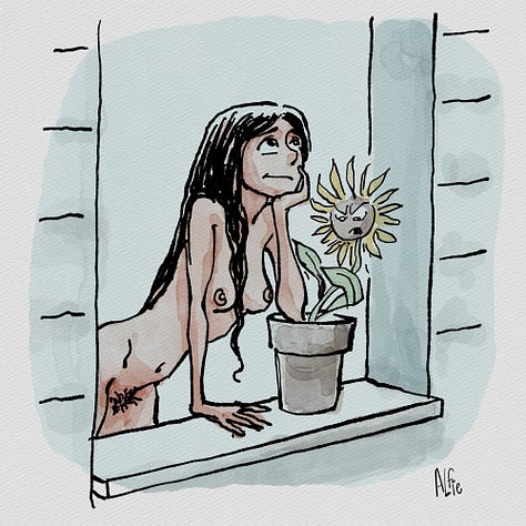 Selection of illustrations by Alfie featuring expressive drawings of nude women in varied settings, including intimate conversations, quiet contemplative moments, and imaginative scenes with plants, animals, and fantastical creatures, rendered in a soft, fluid line style with occasional watercolor tones.