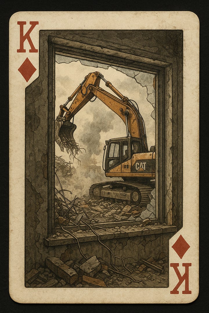 VIII. THE FOUR-CARD READING  THE SILENCE — pressure, not absence  THE LEGACY ENGINEER — builders of collapse & builders of renewal  THE SHATTERED HOME — the national psyche  THE DEMOLITION WINDOW — the moment documents vanish  These weren’t art.They were diagnosis.