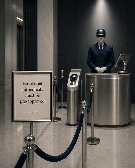 A nine-image satirical visual essay showing sleek, dark corporate and institutional interiors where signs instruct people to standardize their thoughts, revise themselves before speaking, submit unformatted thoughts, filter their tone, pre-approve authenticity, and keep grief within acceptable dimensions. The images use polished counters, velvet ropes, kiosks, chapel-like rooms, waiting areas, and bureaucratic signage to portray emotional and creative expression being managed, reviewed, and controlled.