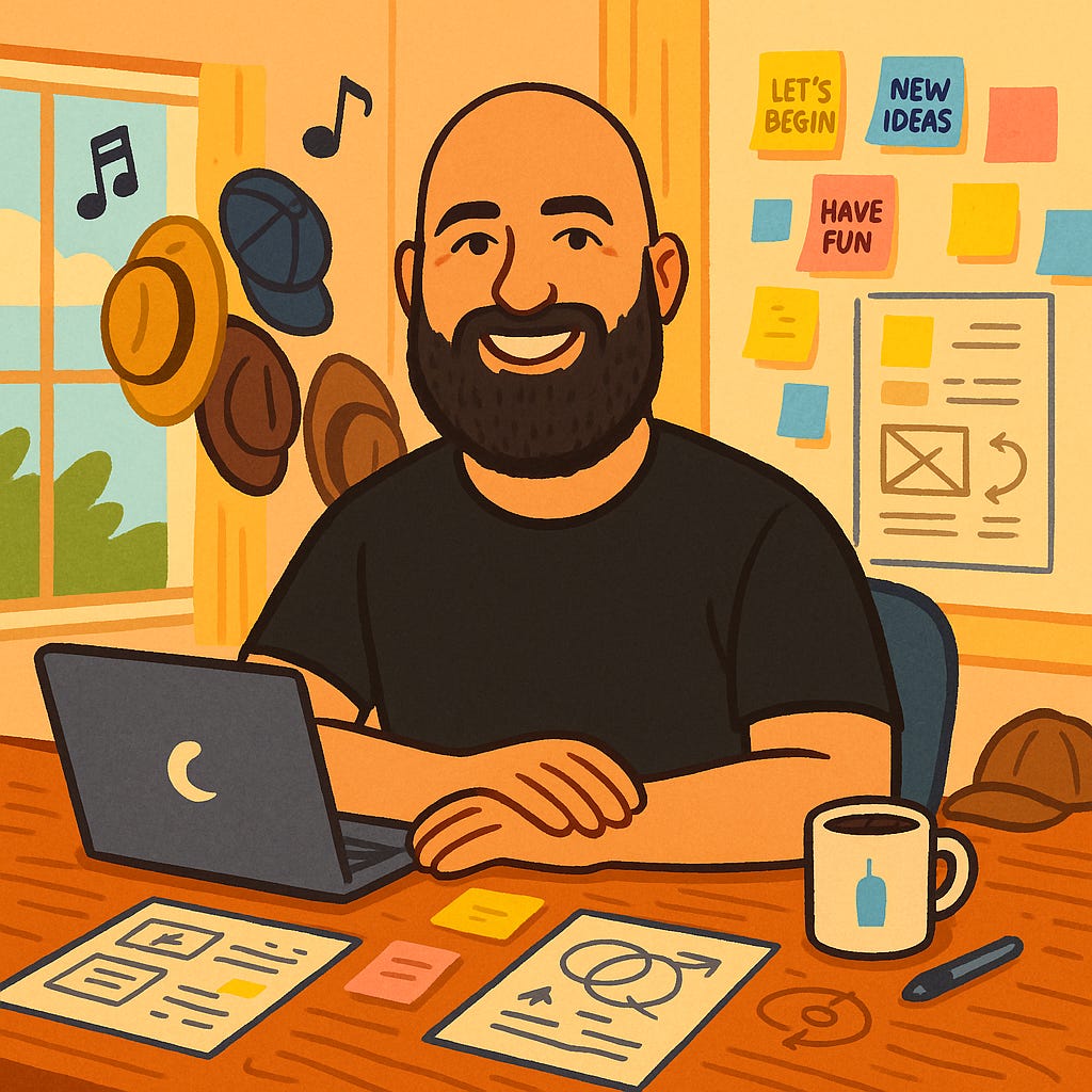 Zach Hill next to a laptop with sticky notes and whiteboards surrounding him