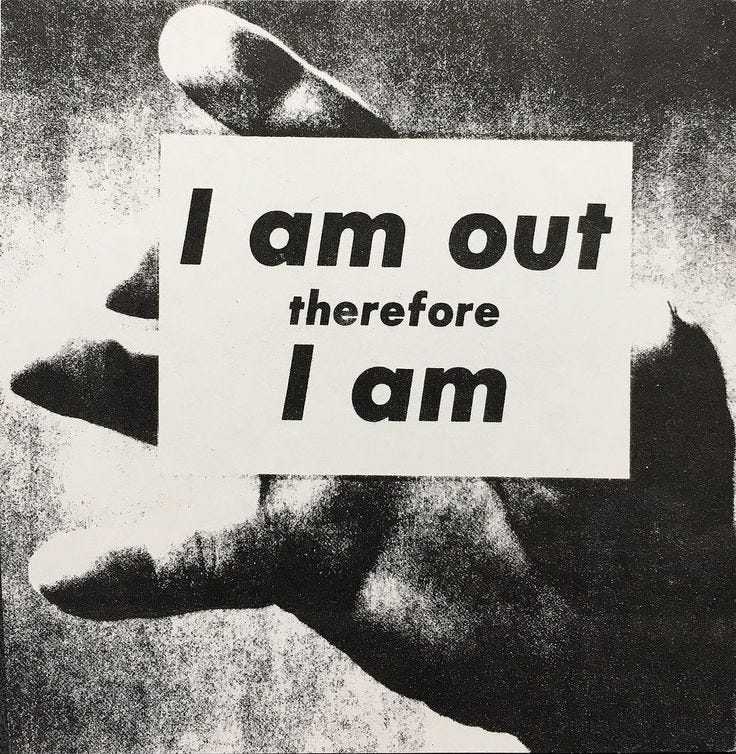 This may contain: a hand holding a sign that says i am out there before i am