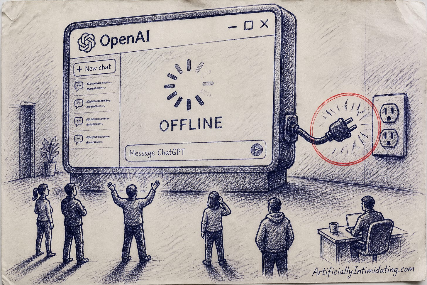Editorial cartoon: a giant ChatGPT window reading OFFLINE with a spinning loader, its power cord yanked from the wall socket and sparking, as a crowd of office workers stands helpless in the dark and one lone person keeps working at a desk. Editorial cartoon: a giant ChatGPT window reading OFFLINE with a spinning loader, its power cord yanked from the wall socket and sparking, as a crowd of office workers stands helpless in the dark and one lone person keeps working at a desk.