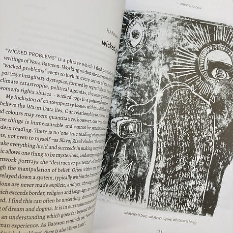 The grid shows images from An Anthology of Warm Data, including the cover and various illustrated pages form the magazine.