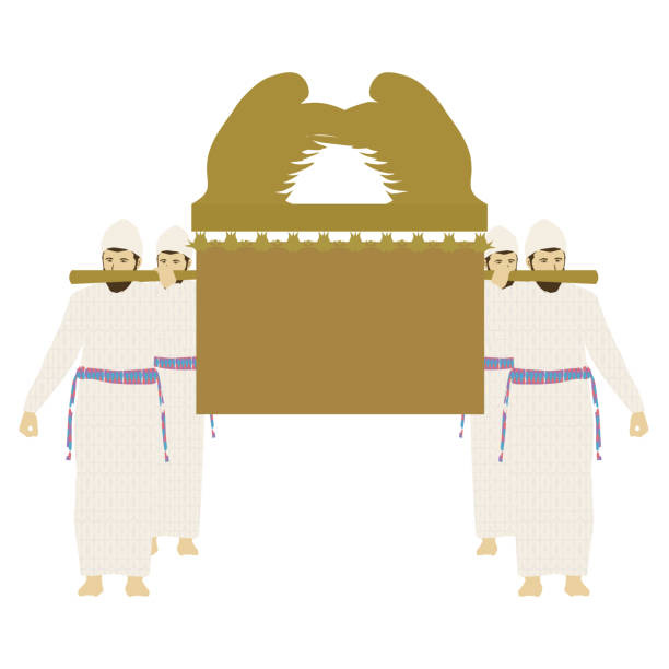 Four traditionally dressed Jewish priests carry on their shoulders the Ark of the Covenant that was in the Temple and in the tabernacle made of gold. Flat vector illustration on a white background An amazing vector painting of priests working in the Temple while working in traditional dress of beautiful and special priestly garments carrying on their shoulders the Ark of the Testimony The Ark of the Covenant The golden Ark above which are cherubs as it was in the Temple in Jerusalem and in the Tabernacle carrying the ark of the covenant stock illustrations