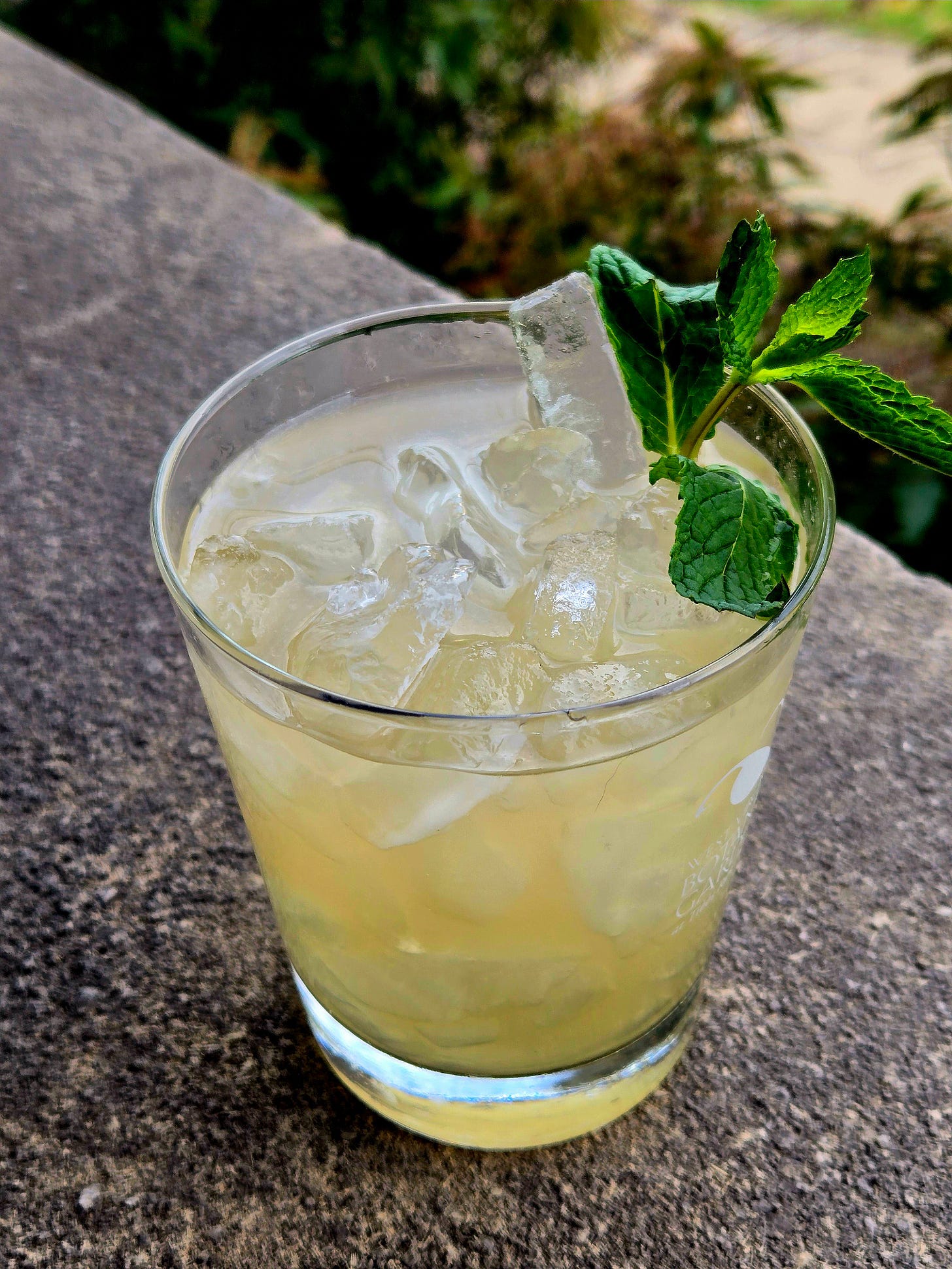 The Garrick Club Punch with mint sprig garnish in a rocks glass atop a stone wall.