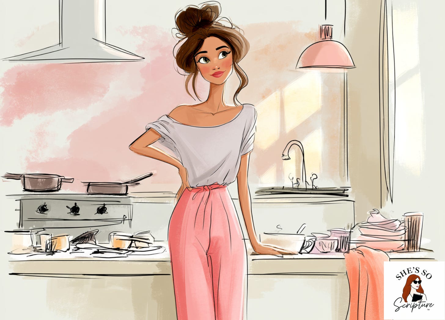 A whimsical ink and watercolor illustration of a woman standing in a messy kitchen soft morning light rendered in blush pink and cream tones. A whimsical ink and watercolor illustration of a woman standing in a messy kitchen soft morning light rendered in blush pink and cream tones.