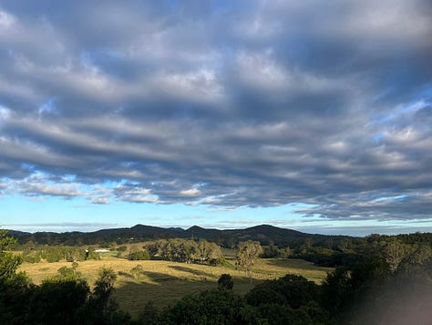 six photos: 1. a bright cloud with pink undertones floating over a hillside in the distance. 2. two trees overlayed on the left hand side of a hillside, blue sky behind with several puffy white clouds to the left of the tree. 3. dark menacing clouds filing the whole sky, with a strip of blue sky just beneath them and then low lying hills below that. 4. the mottled bark of a leopard tree, the colours include white, grey, and browns of all different shades. 5. a sunset photo with pinkish grey clouds, a patch of orange sky and low hills in the background. 6. a misty scene, a big tree fills the foreground and the sun is rising through the mist behind it. 