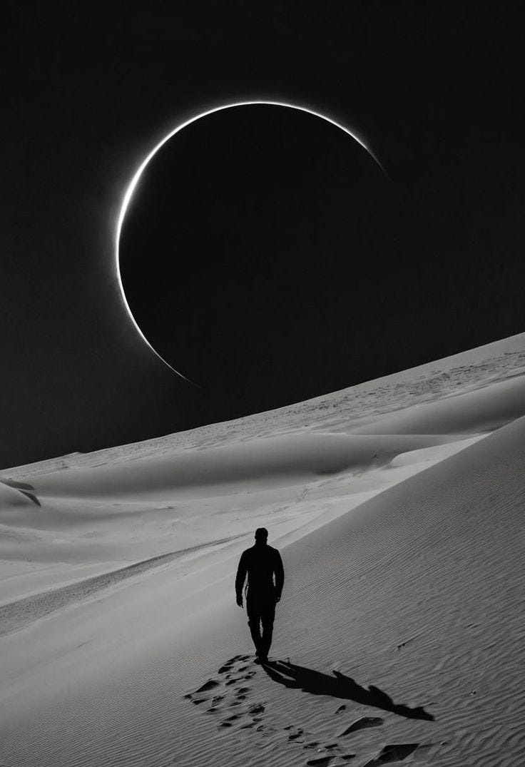 This may contain: a man walking across a snow covered field under a crescent shaped eclipse in the sky