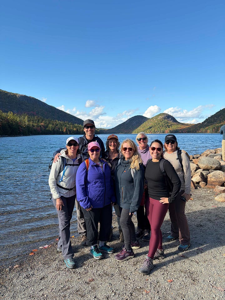 views of Frenchman's Bay, the retreat group at Jordan Pond, the retreat group ready to kayak, and view through the trees of Jordan Pond