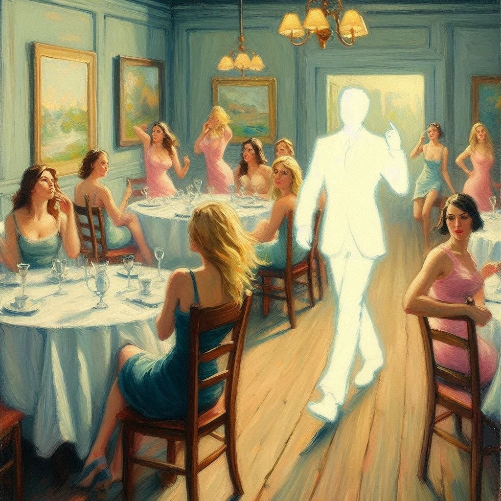 An invisible man walks through a room of pretty women who do not see him. Impressionist-style.