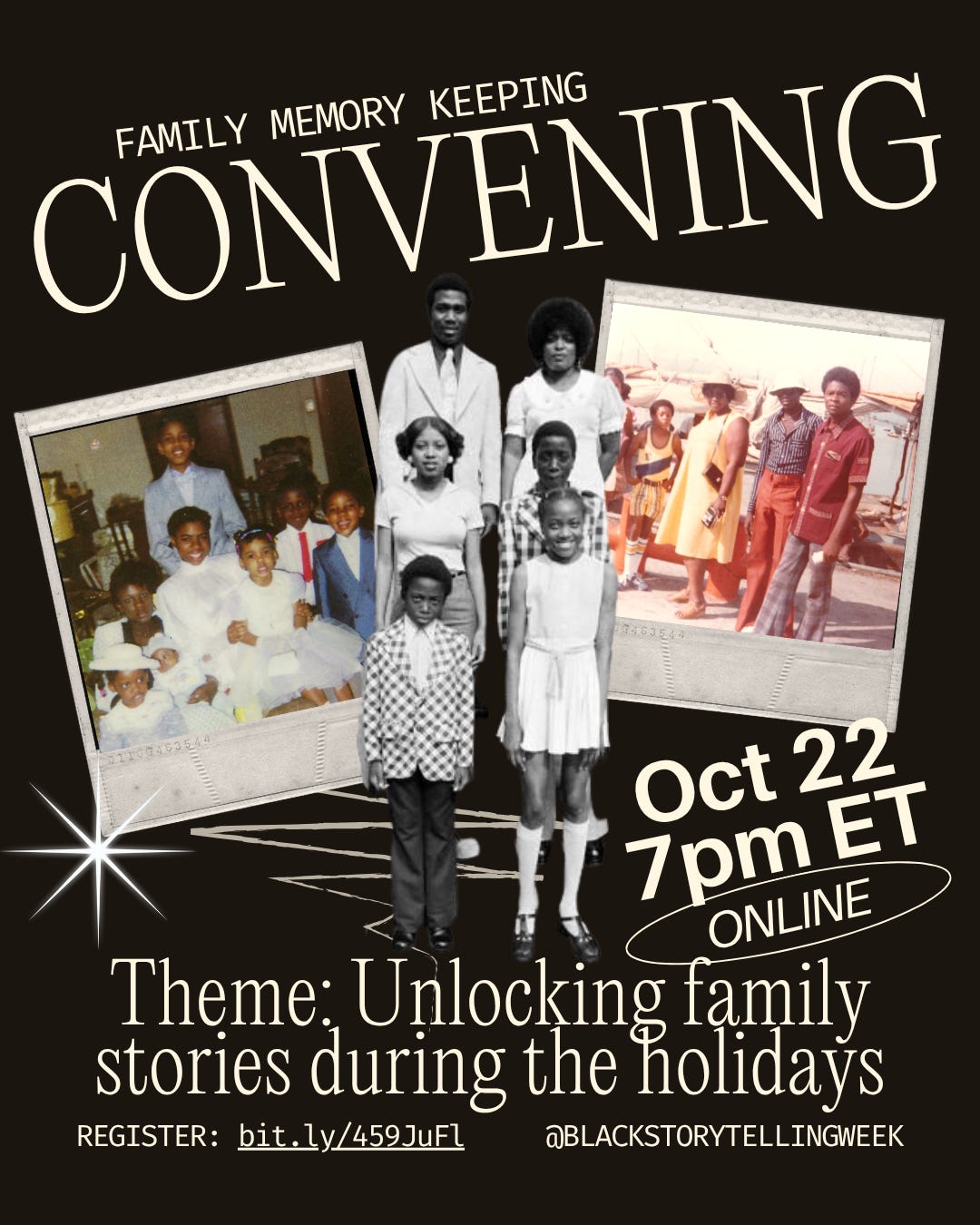 A flyer for a "Family Memory Keeping CONVENING" with the theme: "Unlocking family stories during the holidays." The background is dark brown with text in a cream-colored font. Two overlapping Polaroid-style photos feature groups of Black children and adults posing together. The event is listed as ONLINE on Oct 22 at 7pm ET.