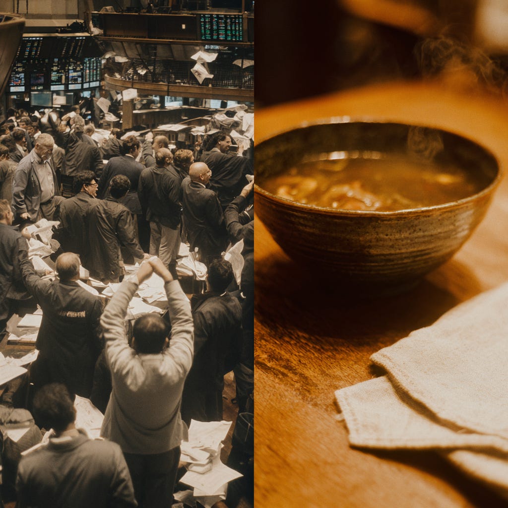 A split-screen photograph. On the left, a grainy, sepia-toned historical photo of a crowded, chaotic commodities trading pit. On the right, a warm, close-up photo of a steaming bowl of soup on a rustic wooden table. The image illustrates the contrast between the high-stress "Pit" and the restorative "Circle" of a meal. A split-screen photograph. On the left, a grainy, sepia-toned historical photo of a crowded, chaotic commodities trading pit. On the right, a warm, close-up photo of a steaming bowl of soup on a rustic wooden table. The image illustrates the contrast between the high-stress "Pit" and the restorative "Circle" of a meal.