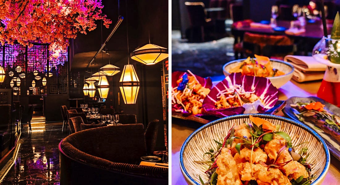 Two pictures - one of a restaurant with dark colours, cherry blossoms, and hanging lights, and one with plates of Pan-Asian food on top of a table