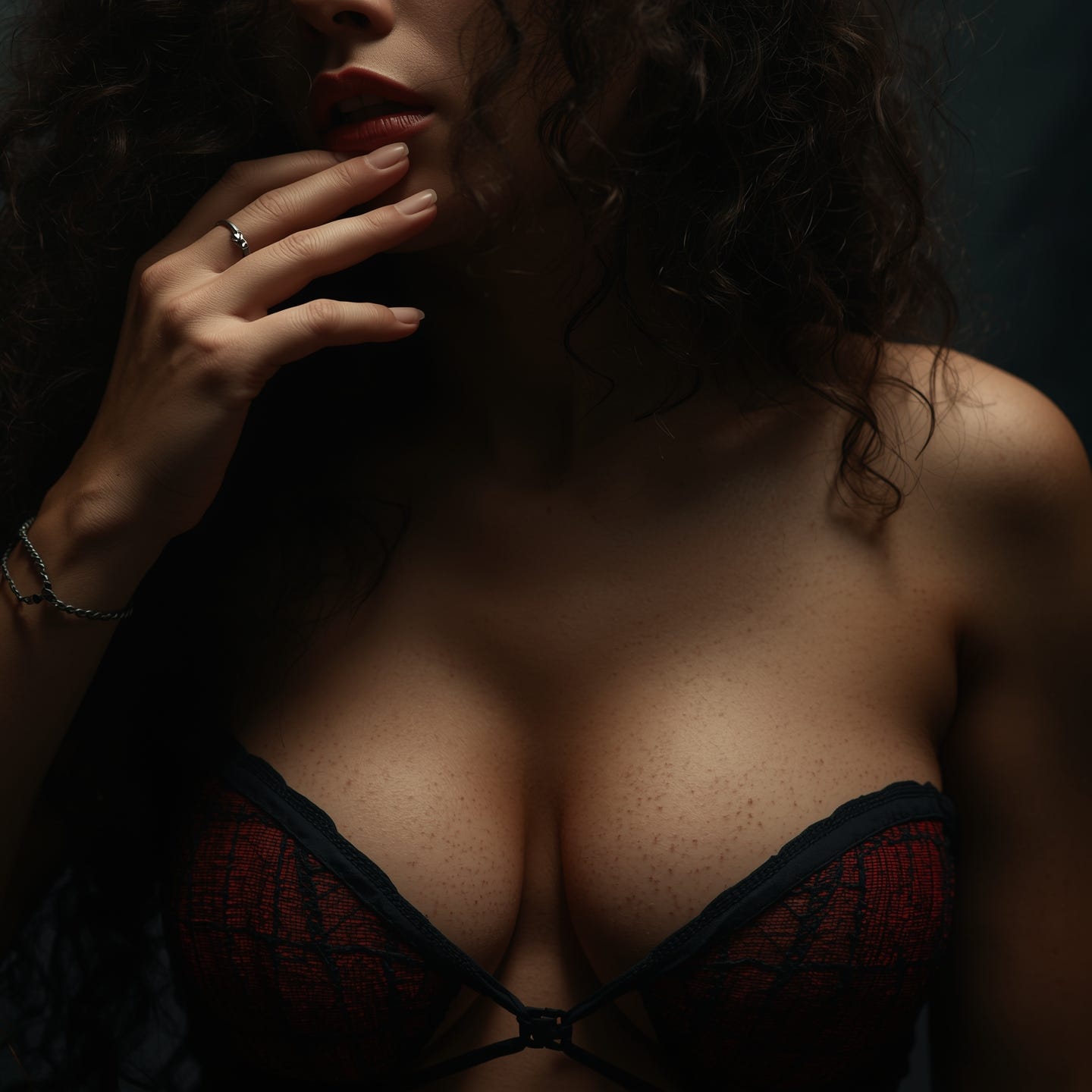 Close-up of a woman’s lower face and hand, curls framing, wearing a red-and-black lace bra in moody low light.