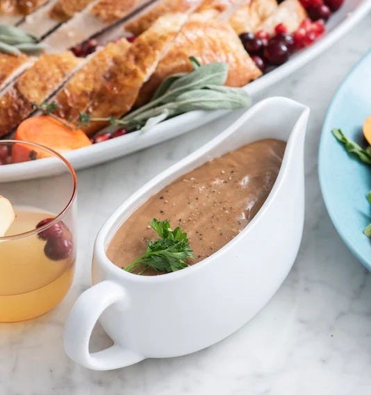 turkey gravy in white gravy boat