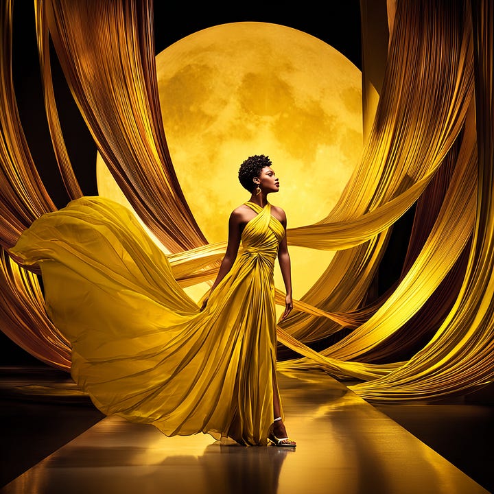 Image 1: A figure in a black and orange ombre dress stands before a large, low-hanging moon, lifting the hem of the voluminous skirt above a dark, reflective water surface.  Image 2: A whimsical illustration of a character in a shimmering gold-accented gown standing on a circular stone stage beneath a large glowing moon and a smaller crescent.  Image 3: A figure in a draped, vibrant yellow floor-length gown walks down a reflective golden path toward a massive, bright yellow moon.  Image 4: A high-fashion silhouette in a dramatic, swirling architectural gown of black and gold silk, posed against the backdrop of a detailed, luminous full moon in a starry sky.
