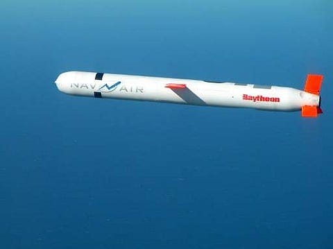 A Tactical 'Tomahawk' Block IV cruise missile conducts a controlled flight test over the Naval Air Systems Command (NAVAIR) western test range complex in southern California. (File photo | AFP)