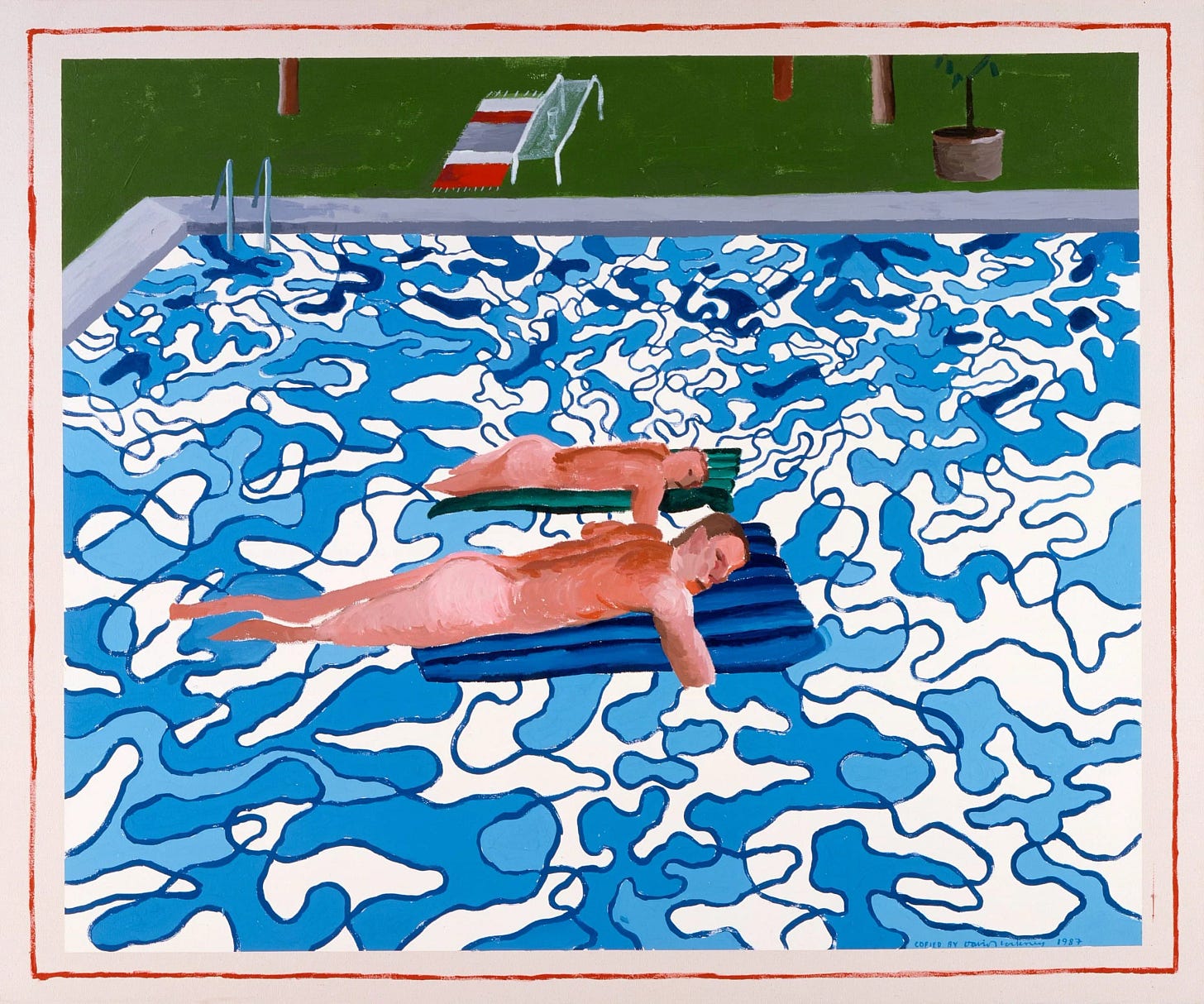 Two nude men lie face-down on inflatable mats floating in a swimming pool, the water rendered as an interlocking pattern of blue and white shapes, with a green lawn, a striped towel, and a potted tree along the far edge.