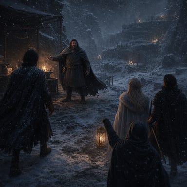 Como greeting the party in the snowy Soldav Crater, Barovian Gothic atmosphere, broad-shouldered figure in slate-gray cloak beside a dim forge, snow drifting through crater, party approaching down slope, lanterns flickering on terraces