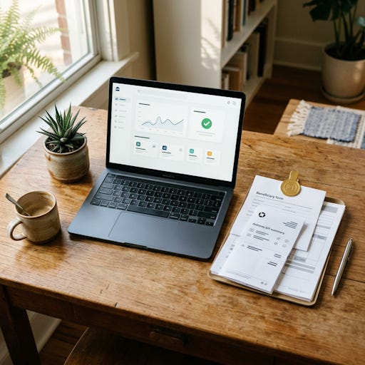 An open laptop with a pile of bills next to it. An open laptop with a pile of bills next to it.