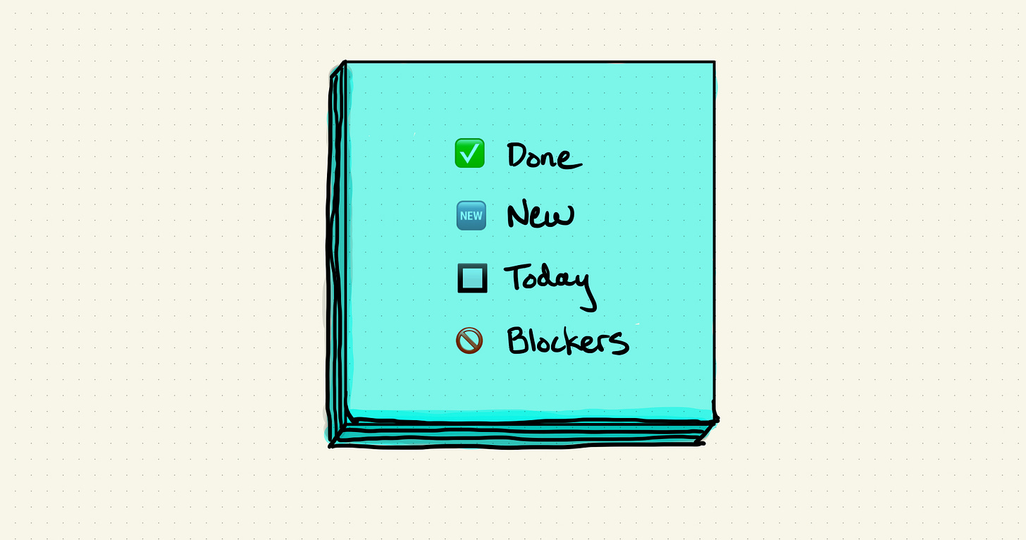 An illustration of a sticky note with the words: Done, New, Today, Blockers written. An illustration of a sticky note with the words: Done, New, Today, Blockers written.