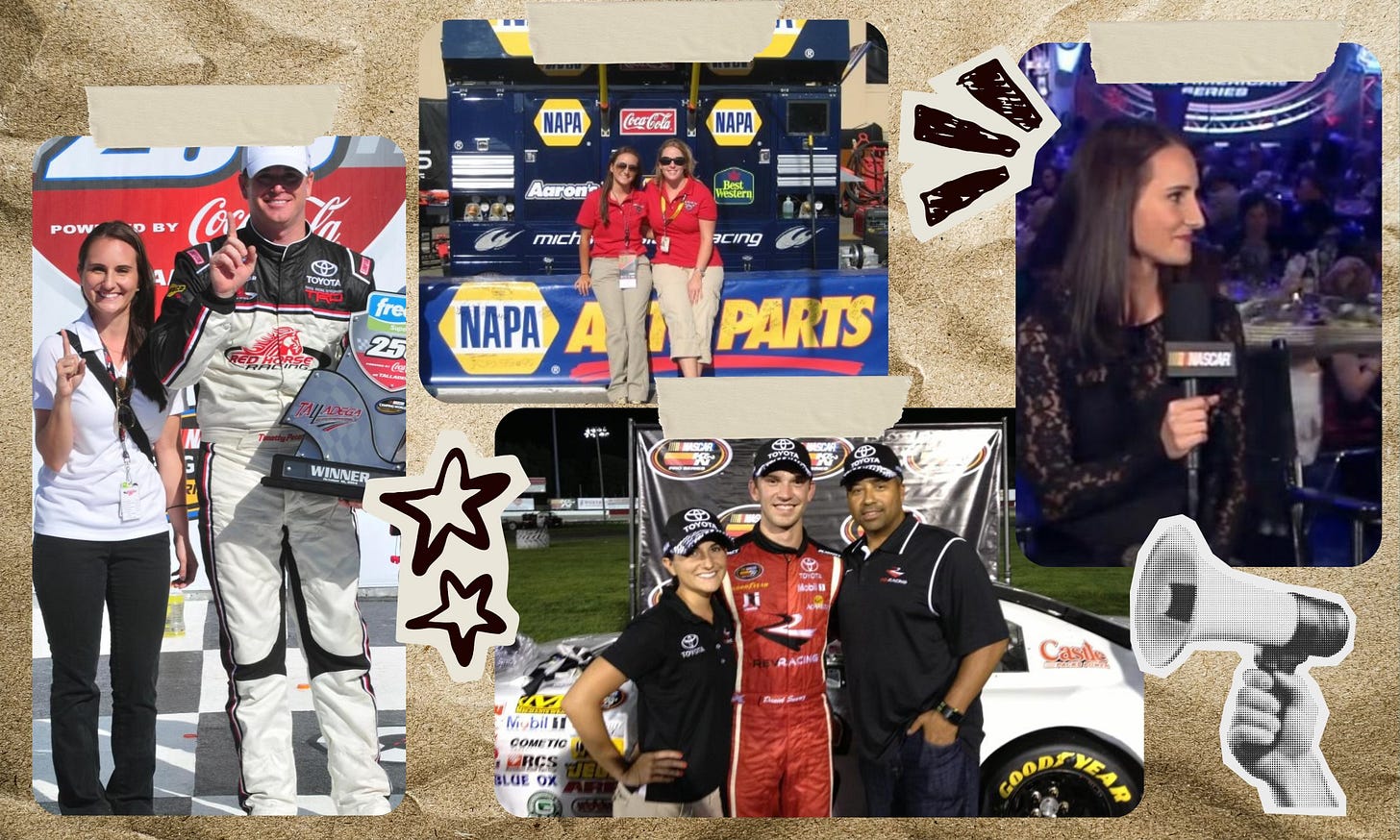 a collage of pictures from working in NASCAR