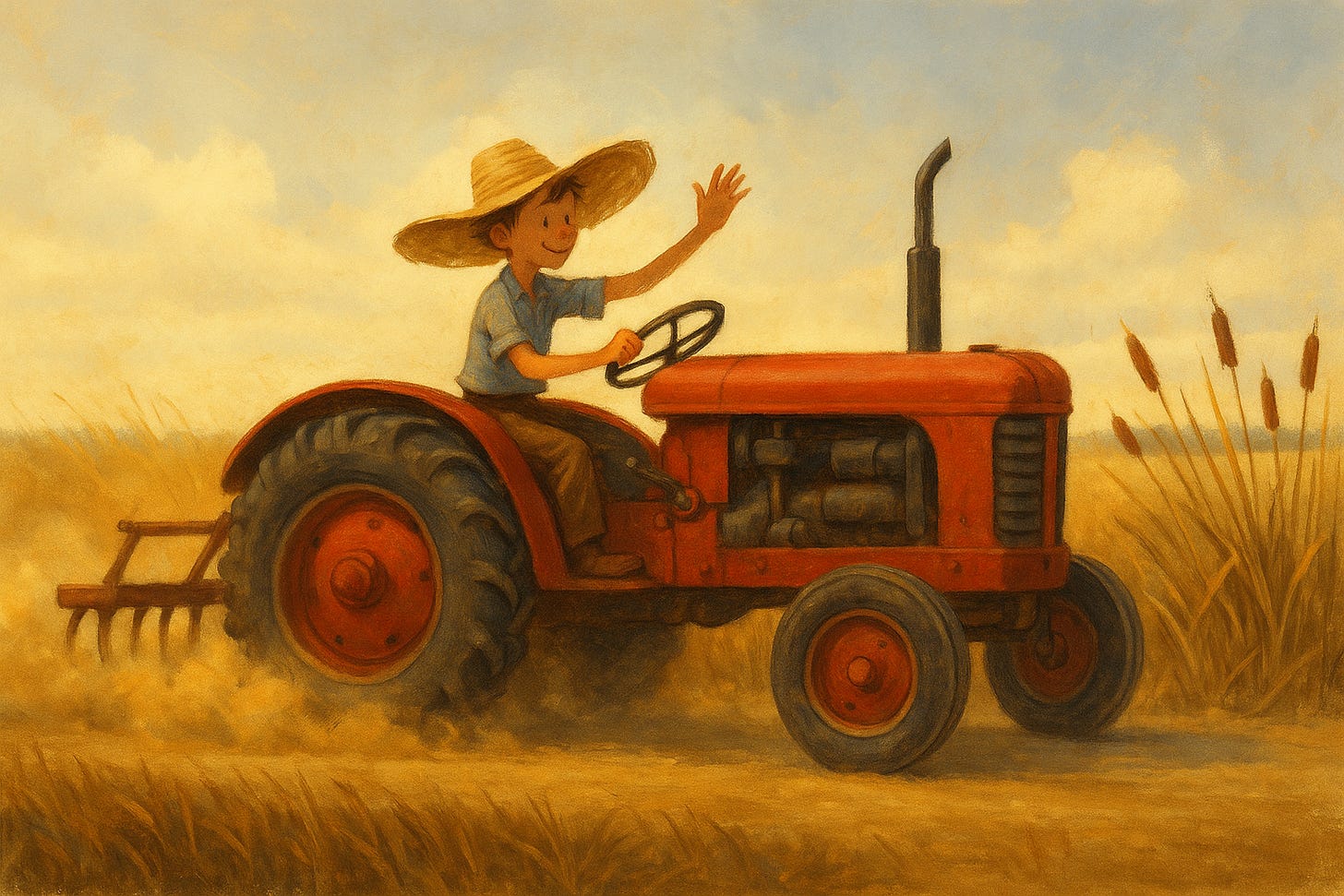 Illustration of a smiling boy in a wide straw hat driving a vintage red tractor through a golden field, raising one hand in greeting under a bright blue sky.