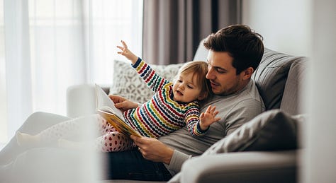 "Candid photo of a father and toddler reading on a couch, toddler leaning back mid-stretch." - by GPT-4o, Imagen 4, and Seedream 3.0 image models