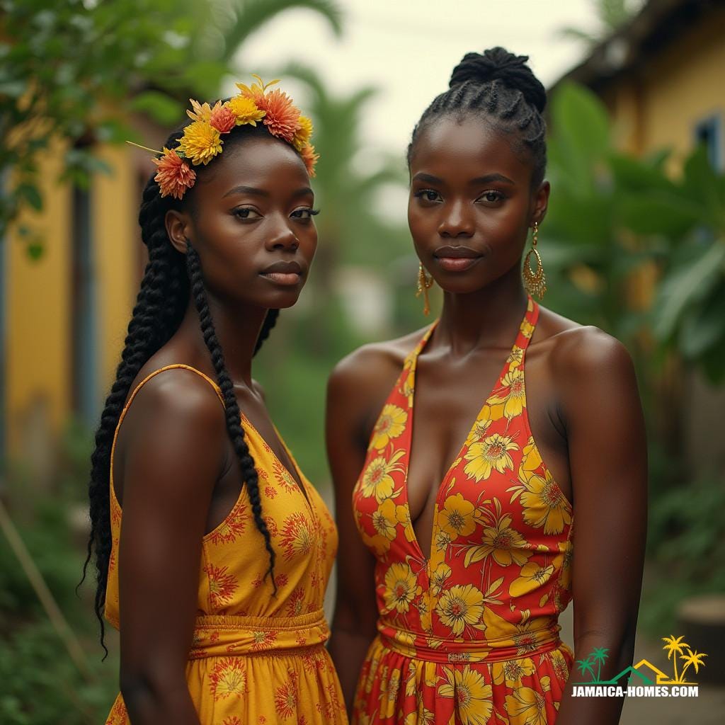 Regal black models dressed in stylish, modest real estate agent attire, posing in a vibrant Jamaican Caribbean setting, exuding confidence and poise.