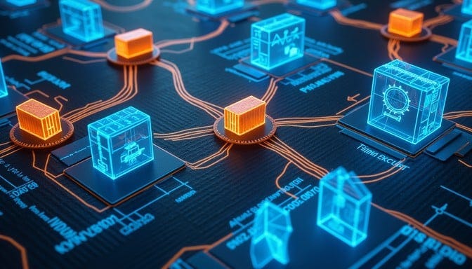 A sophisticated visualization of digital connectivity featuring translucent blue cubic nodes interconnected through luminous orange pathways. The geometric data blocks form a complex network structure against a dark technical background resembling circuit patterns. Golden connection points mark intersections in this digital ecosystem, while the blue-orange contrast creates a striking visual representation of data flow. The layered elements with their glowing edges suggest advanced technology systems like blockchain, cloud computing, or data processing networks.
