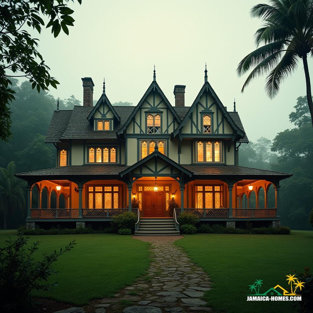 A majestic Tudor-style mansion in Jamaica, with steeply pitched gable roofs, half-timbering, and tall narrow windows with diamond-shaped panes, set against a lush tropical backdrop