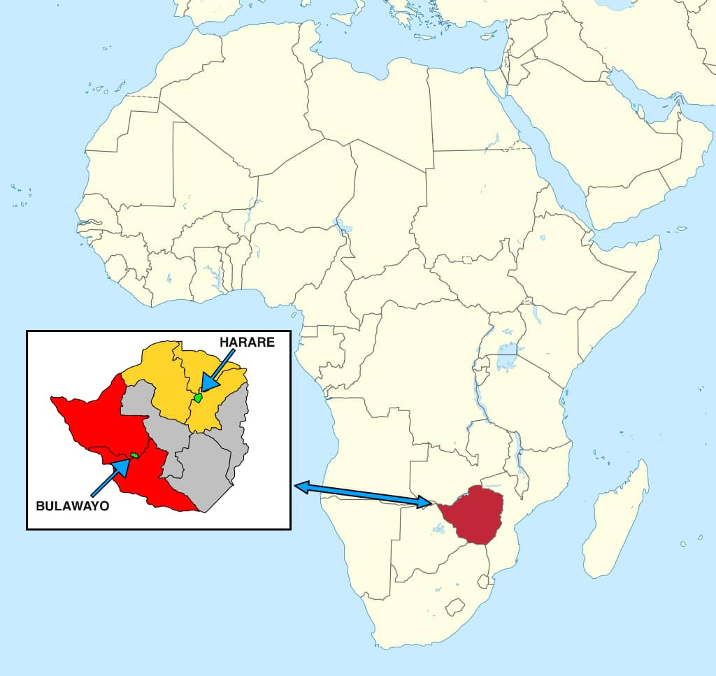 Map showing Zimbabwe in southern Africa; Map showing Zimbabwe in southern Africa;