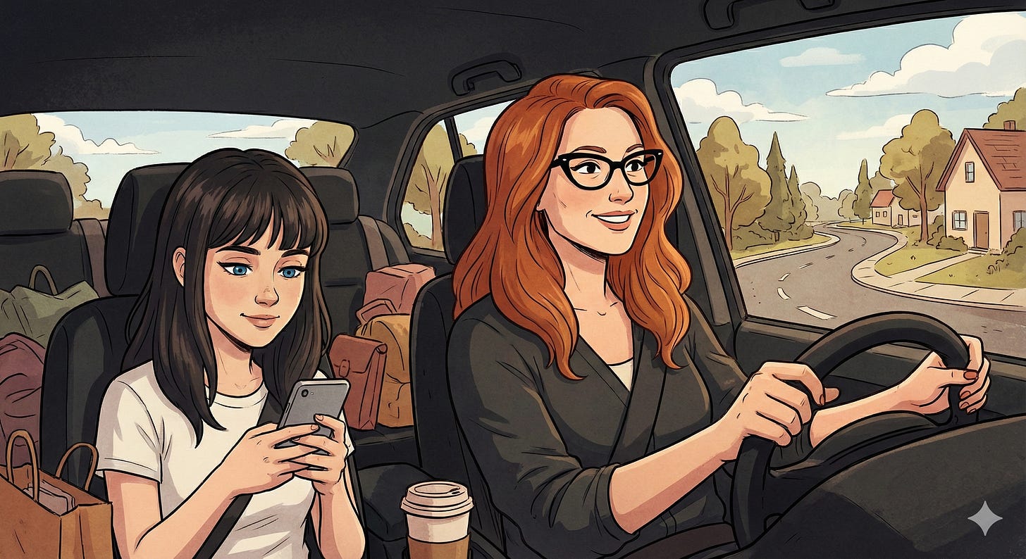 A graphic drawing of a red-haired mom and dark-haired daughter driving in a car